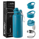 Termo botella de agua térmica acero inoxidable en color azul verdi, incluye 4 tapas y caja.