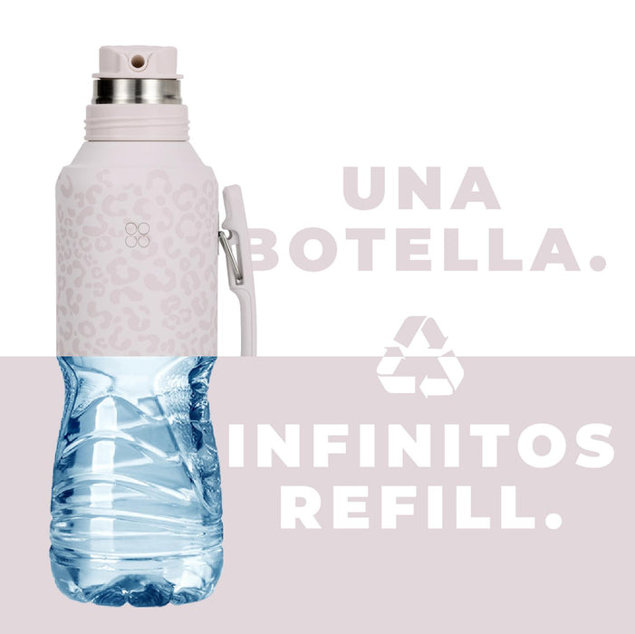 Set matero termo acero inox 1,2Lt rosa con vaso y tapa, presentación en fondo claro con texto promocional.