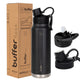 Botella térmica Paine 1Lt en color negro con dos tapas y caja, ideal para mantener bebidas frías o calientes.