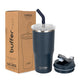 Mug térmico azul con tapa y sorbete, presentado con caja, ideal para agua fría y caliente.