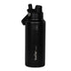 Botella de agua térmica Buffer Flask de acero inoxidable negro, vista frontal en fondo blanco.