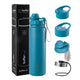 Termo botella de agua térmica azul verdi Buffer con cuatro tapas y caja, en vista de producto.