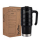Vaso térmico Acapulco 700ml negro de acero inoxidable junto a su caja, ideal para bebidas frías y calientes.