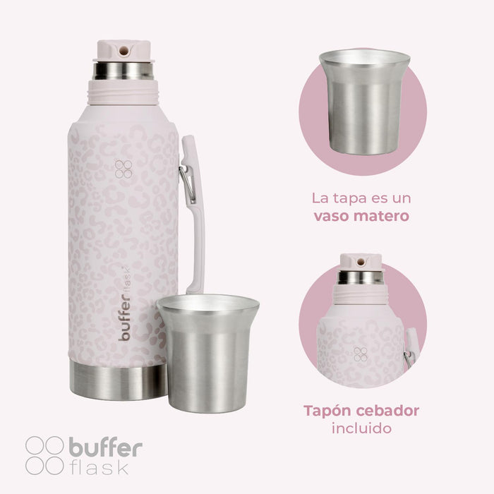 Set matero de acero inoxidable rosa con vaso y tapa, diseño elegante y práctico para disfrutar del mate.