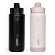 Termo botella de acero inoxidable 1L en colores negro y rosa, vista frontal de set de 2.