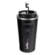 Mug térmico de acero inoxidable negro de 500ml con tapa, ideal para café, ángulo frontal.