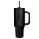 Vaso térmico Buffer negro con tapa y sorbete, ideal para bebidas frías y calientes, ángulo lateral con manija.