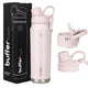 Botella térmica Paine 700ml en color rosa, incluye 2 tapas, con caja y detalle de los accesorios.