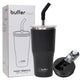Mug vaso térmico Roques 600ml negro con tapa y popote sobre su caja, ideal para bebidas frías y calientes.